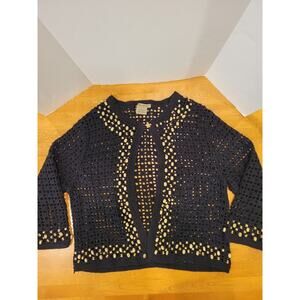 ESCAPADE Cropped Black Open Front 100% Cotton L/S Sweater Wood Bead Trim Size L